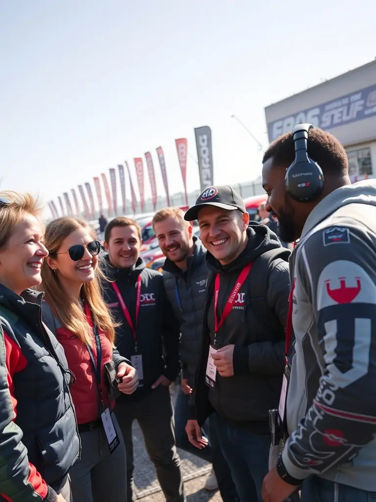 A group of RUAL RACING members gathered at an event, laughing and interacting, with various race cars in the background, highlighting the camaraderie and social aspect of the club.