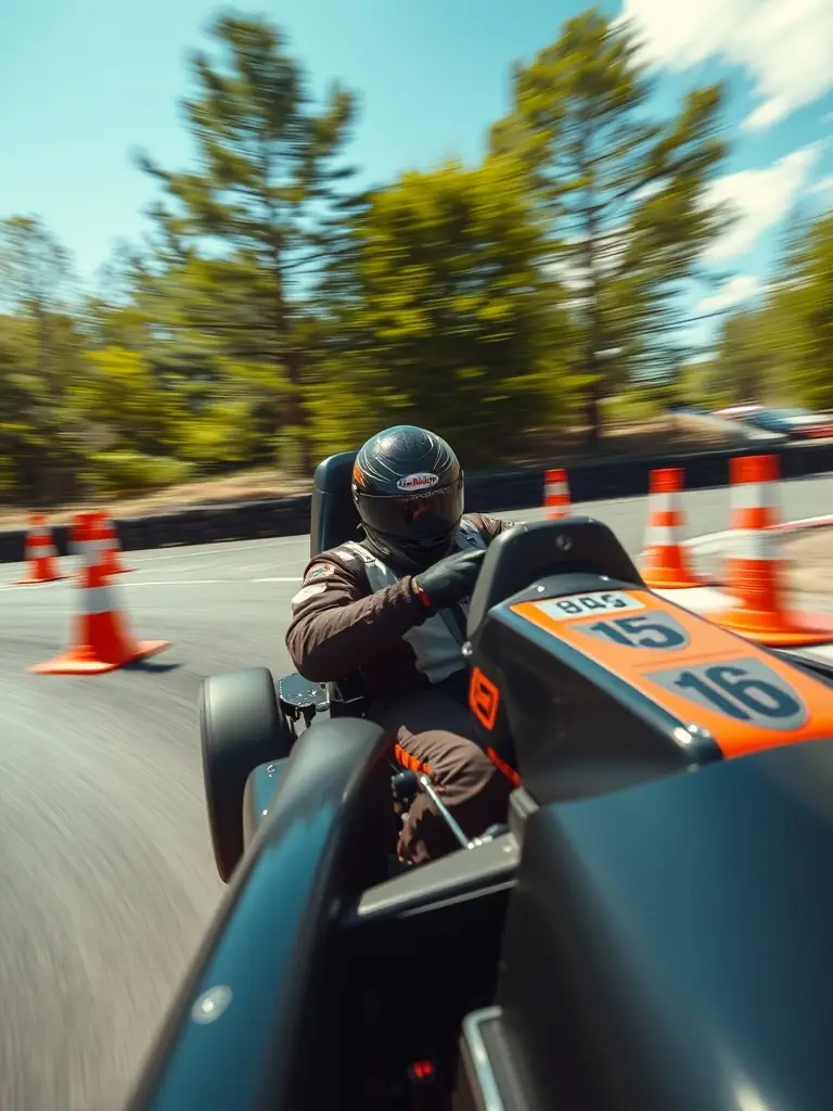 A high-speed slalom run with a RUAL RACING driver expertly navigating cones, showcasing the precision and skill developed through structured training programs.