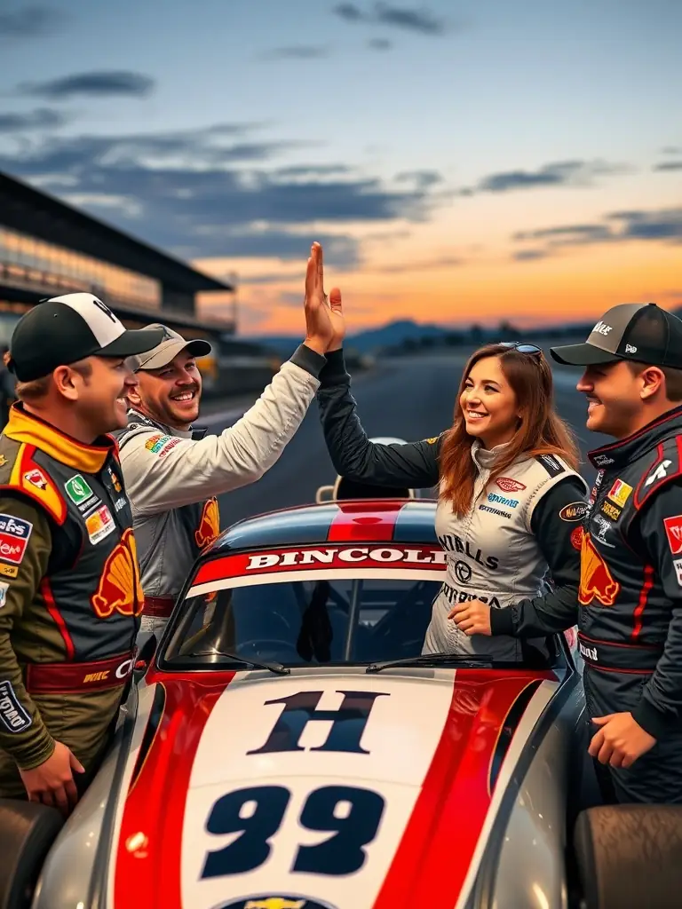 A group of RUAL RACING members celebrating a successful event, highlighting the camaraderie and support within the community.