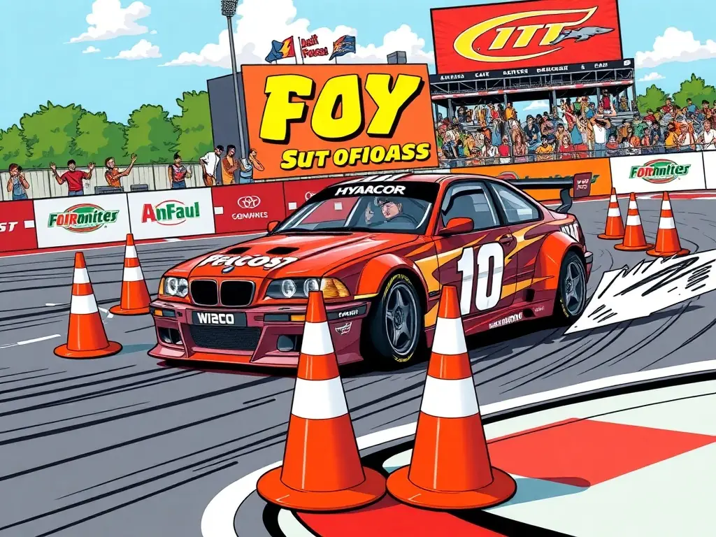 A dynamic shot of a RUAL RACING slalom event, showcasing a car navigating cones with precision and speed, set against a backdrop of cheering spectators and vibrant event branding.