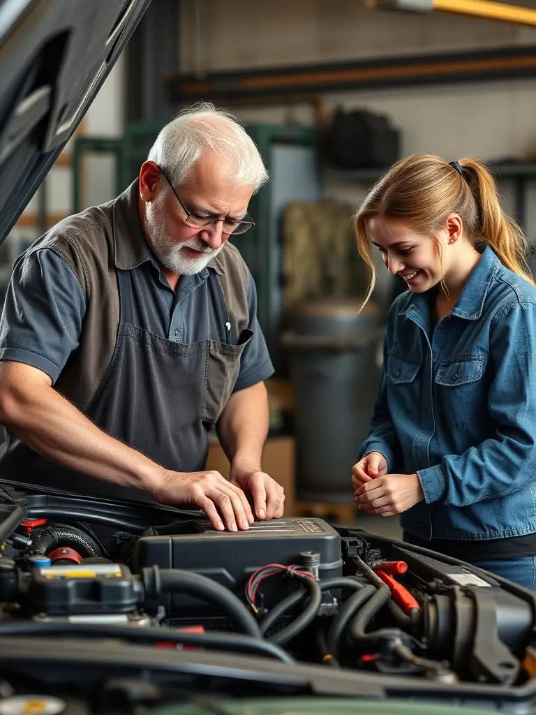 A diverse group of RUAL RACING members of different ages working together on vehicle maintenance, showcasing intergenerational knowledge sharing.