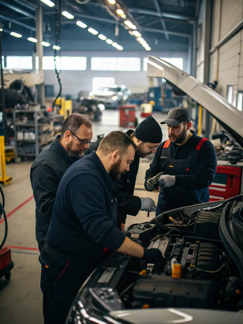 A diverse group of RUAL RACING members of different ages and backgrounds working together on a race car, showcasing the inclusive nature of the organization and the collaborative spirit.