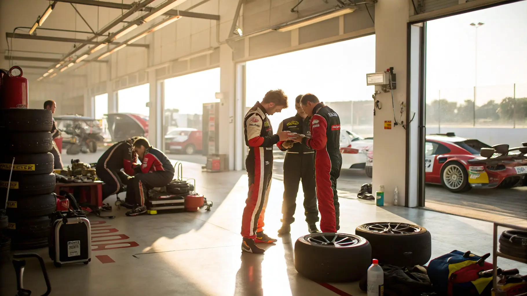 A group of RUAL RACING members working on a race car in a garage, showcasing teamwork and technical expertise.