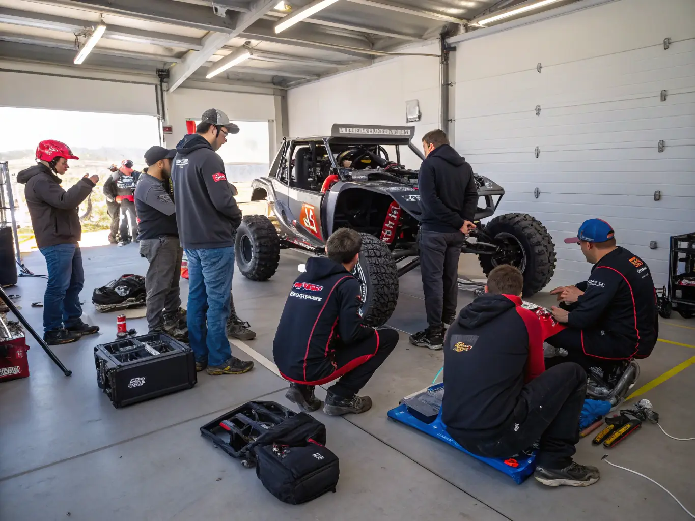 A group photo of RUAL RACING members participating in a workshop on vehicle maintenance and safety. The image highlights the organization's commitment to technical mastery and safety education.