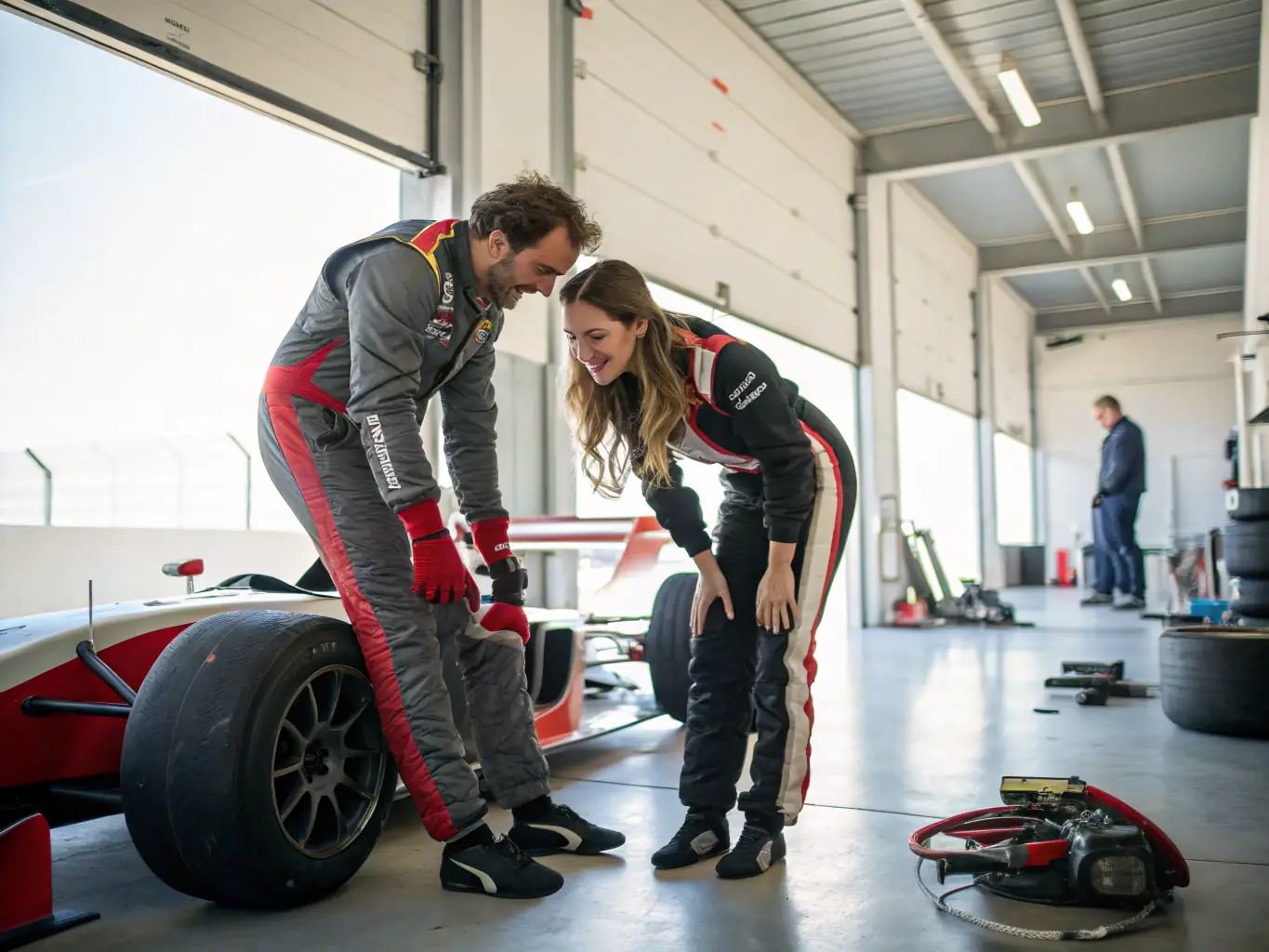 A group of RUAL RACING members collaborating on car maintenance in a well-equipped garage, emphasizing teamwork, technical expertise, and the supportive community within the organization.