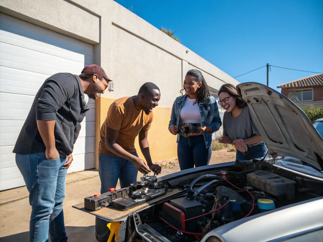 A group of RUAL RACING members gathered around a car, discussing strategy and techniques. The atmosphere is friendly and supportive, highlighting the community aspect of the organization.