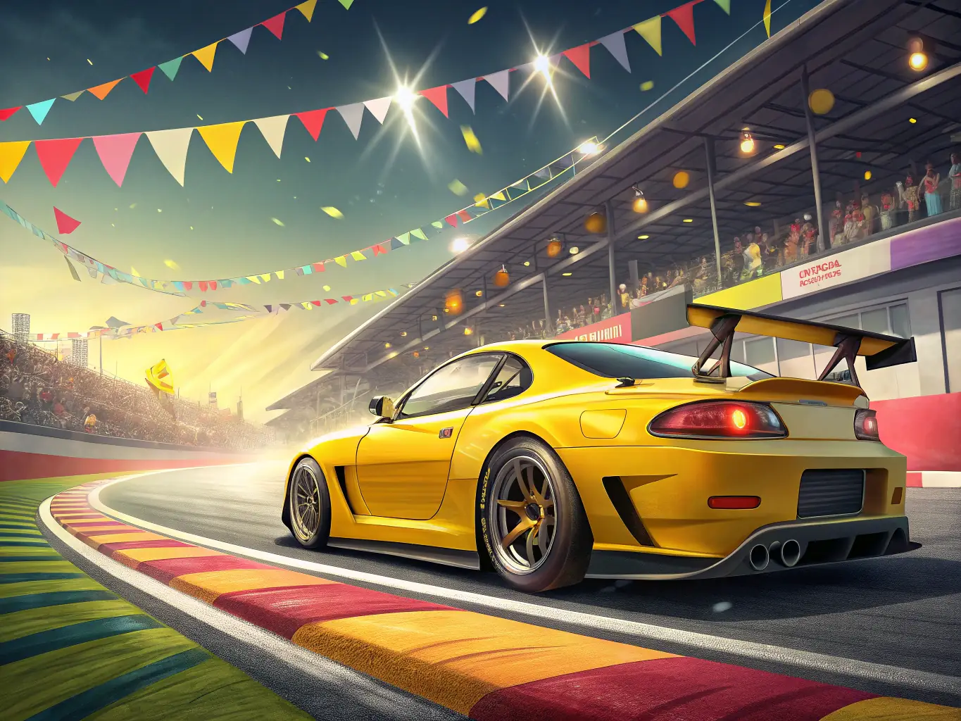 A dynamic shot of a race car navigating a slalom course, showcasing precision and skill. The car is brightly colored, and the background features enthusiastic spectators.