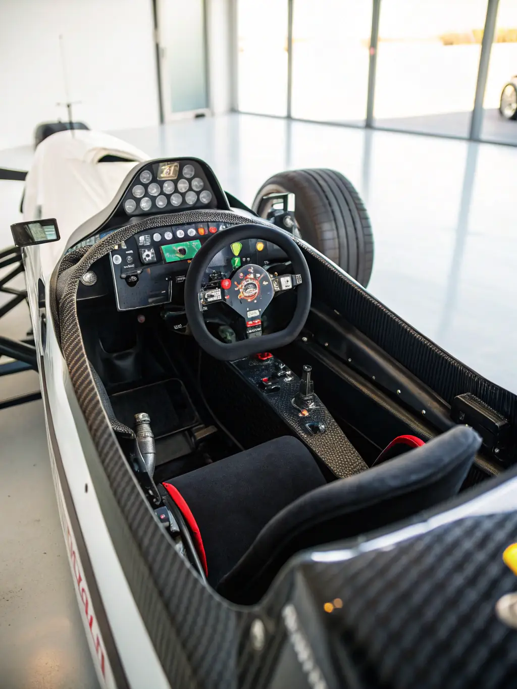 A driver wearing full safety gear, including a helmet and racing suit, inside a race car, with a focus on the safety harness and roll cage, emphasizing the importance of safety in motorsport.